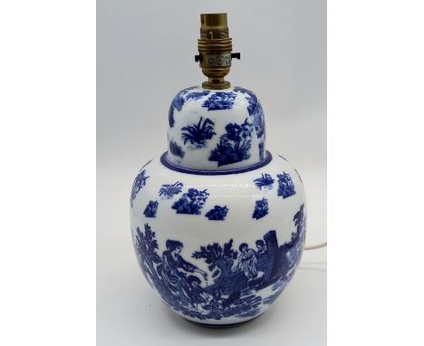 A vintage Oriental blue and white decorated table lamp.