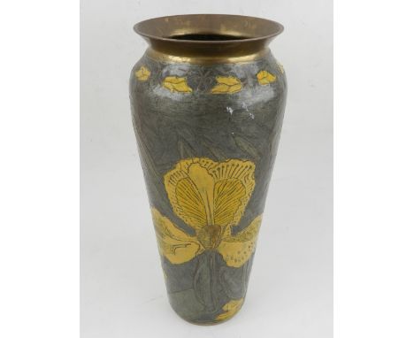 A cast metal vase, in the Art Nouveau style, floral decorated with grey and yellow enamel. H.26cm