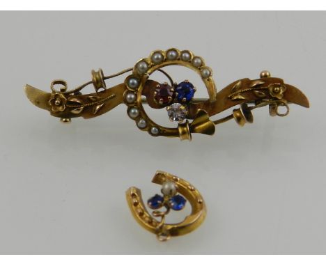 A Victorian yellow gold, diamond, ruby, sapphire, and split seed pearl bar brooch, floral and crescent decorated, together wi