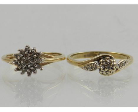 A 9 carat yellow gold and diamond cluster ring, together with a 9 carat yellow gold and illusion set diamond crossover style 