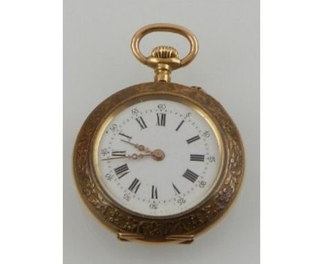 A yellow gold fob watch with enamel dial, bears indistinct marks to suspension loop. 