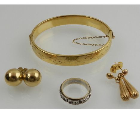 Two pairs of yellow metal earrings, together with a 9 carat yellow gold and silver ring, and a yellow metal bangle marked 1/5