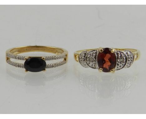 A 9 carat yellow gold and sapphire ring, together with a 9 carat white gold, diamond, and garnet ring. (2)