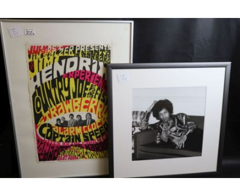 Music memorabilia - A framed photograph of Jimi Hendrix relaxing on a sofa (55 x 55), plus a framed poster for an appearance 