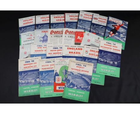 23 1950-1960s football programmes to include FA Cup Final 1954, 1956, 1957, 1958,1960, 1962, 1963 (with ticket), 1966, Englan