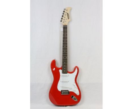 Guitar - Zennox red strat style electric guitar in soft case, along with a Zennox 15 watt practice amp, Zennox tuner, and lea