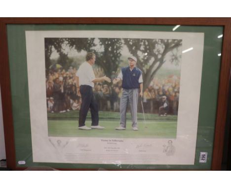 Golf Autograph - Victory In Valderrama Ryder Cup print signed by Colin Montgomerie and the artist Keith Fearon, framed & glaz