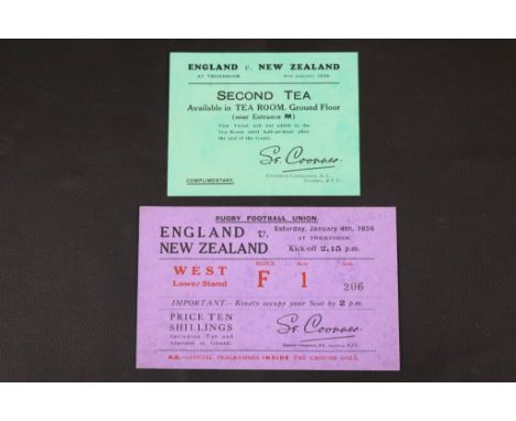 Rugby Union tickets, England v New Zealand 4/1/36 at Twickenham, match ticket and ticket for Second Tea in Ground Floor Tea R