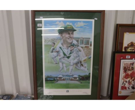 Cricket Autograph - Framed & glazed ltd edn Bradman Museum Bowral NSW Austrslia print signed by Don Bradman and the artist wi