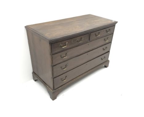 George III oak chest, two short and three long drawers, shaped bracket supports, W129cm, H88cm, D58cm - Condition Report 