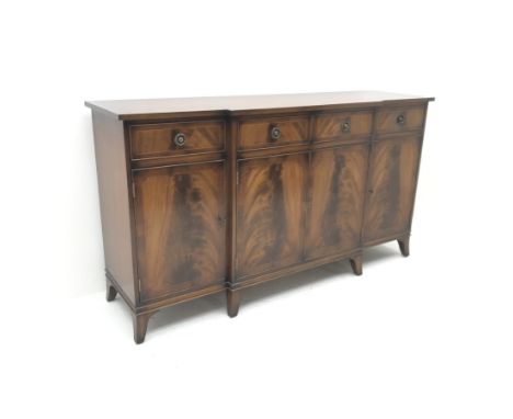 Georgian style inlaid mahogany breakfront sideboard, four drawers above four cupboard doors, shaped bracket supports, W168cm,