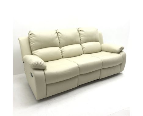 Three seat manual reclining sofa, upholstered in a white leather (W200cm) and a matching two seat manual reclining sofa (W145