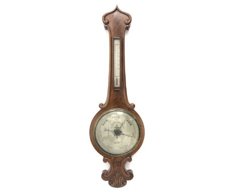 Victorian figured mahogany barometer, pointed arched pediment above mercury thermometer, silvered dial inscribed 'M &amp; J. 