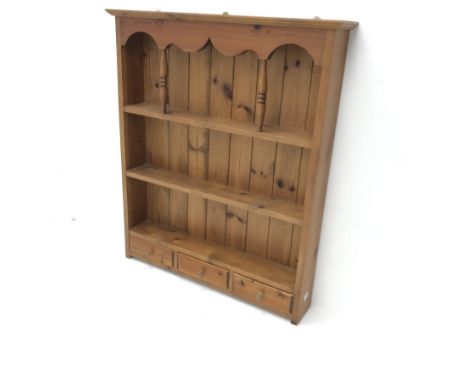 Solid pine wall rack, three shelves above three spice drawers, W80cm, H96cm, D17cm - Condition Report 
