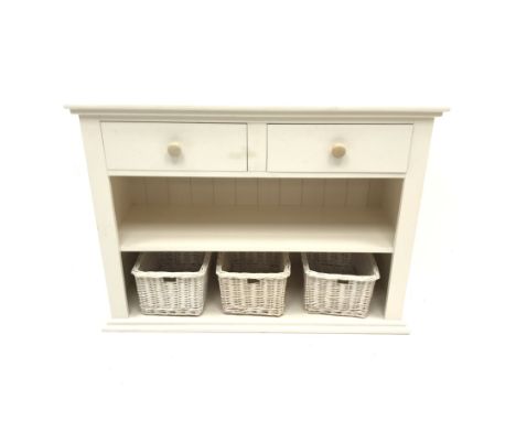 Cream painted pine side unit, two drawers above single shelf, three baskets, W110cm, H79cm, D41cm - Condition Report 