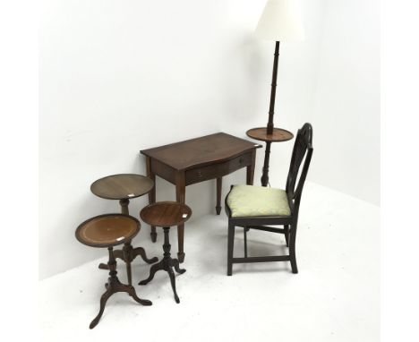 Georgian style inlaid yew wood side table (W76cm, H72cm, D46cm) standard lamp, three tripod tables, single chair (6) - Condit