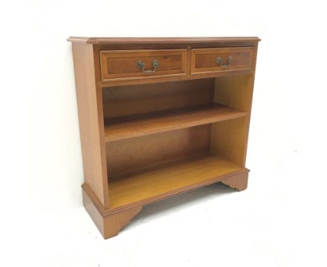 Reproduction inlaid yew wood open bookcase, two drawers, shaped bracket supports, W77cm, H75cm, D28cm - Condition Report 