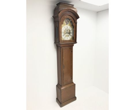 Early 19th century oak and walnut automaton longcase clock, sarcophagus top hood above stepped arch glazed door with three qu