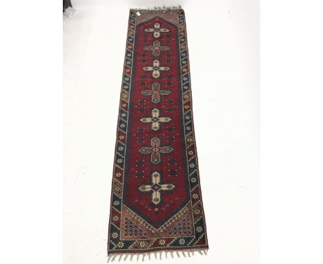 Persian red and blue ground runner, repeating border, 286cm x 75cm - Condition Report 