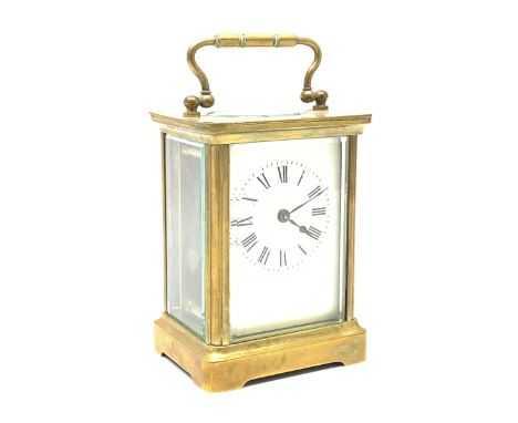 20th century brass cased carriage timepiece clock, white enamel Roman dial, single train driven movement, with two keys, H12c