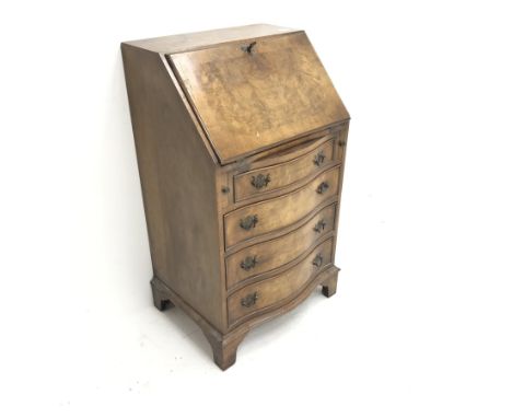 Small Georgian style walnut serpentine front bureau, fall front above four graduating drawers, shaped bracket supports, W58cm