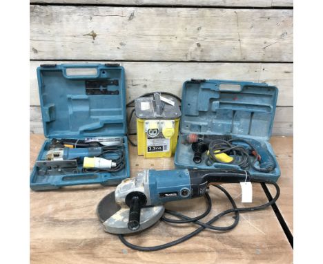 Makita 9069 9' 110V grinder, Makita HR2410 110V SDS drill, a Mikita 4304T 110V jigsaw and a 110v transformer - Condition Repo