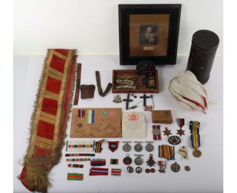 Various medals, cloth titles and military ephemera, including WWI trio to Gunner A.F.L. Lormop, another 14-19 medal, a milita