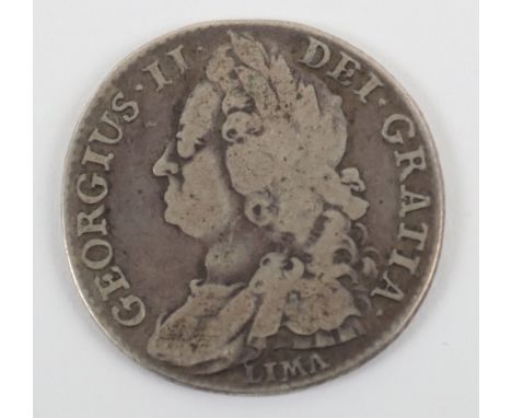 George II (1727-1760), Shilling 1745, LIMA, (S. 3703), old laureate and draped bust, LIMA below, rev. plain angles, fine