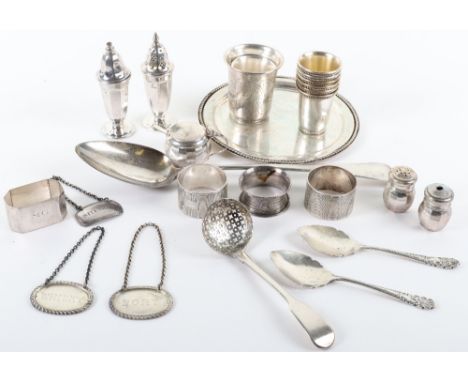 A selection of silver items, including A Georgian serving spoon, Jewish silver cups carked 84, set of six silver cups marked 