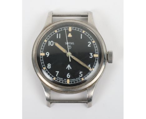 Smiths Military Issue stainless steel gentleman’s wristwatch, circular black dial, circled T, military arrow, minute track, W