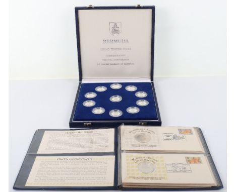 Two silver sets, Bermuda 375th Anniversary coin set, and Great Britons Medallic First Day covers of silver proof medals, (2)