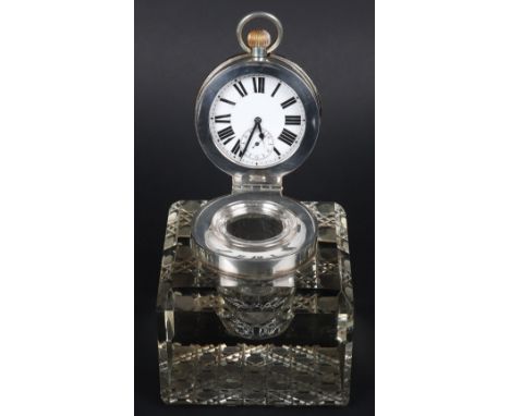 An early 20th century unusual and large silver and glass inkwell/desk clock, John Grinsell &amp; Sons, London 1923, the Swiss