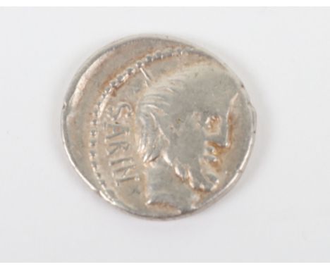 Roman Republic, L. Titurtius L.f Sabinus denarius, Rome 89BC, King Tatius r. SABIN, rev. Tarpeia facing, buried to waist in s