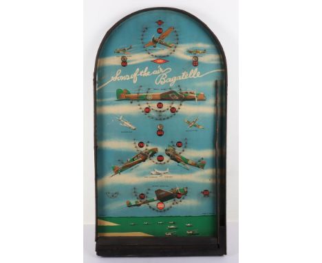 Sons of the Air Bagatelle Game by Kay Toys, wooden frame bagatelle board with printed scenes of WW2 allied aircraft with meta