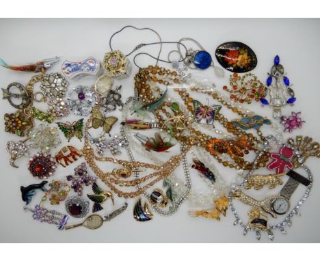 A Russian lacquer brooch, Scottish fishing fly brooches, animal brooches, trinket boxes etc Condition Report: Not available f