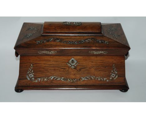 A Victorian inlaid tea caddy lacking interior, 34cm wide Condition Report: Available upon request