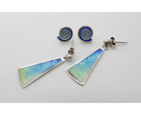 A pair of silver and enamel Sheila fleet earrings and a pair of silver and enamel drop earrings by Norman Grant Condition Rep