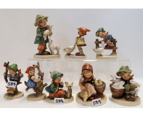 Eight Hummel figures including Shepherds Boy, Playmates, Chick Girl etc Condition Report: Playmates is missing the feather in