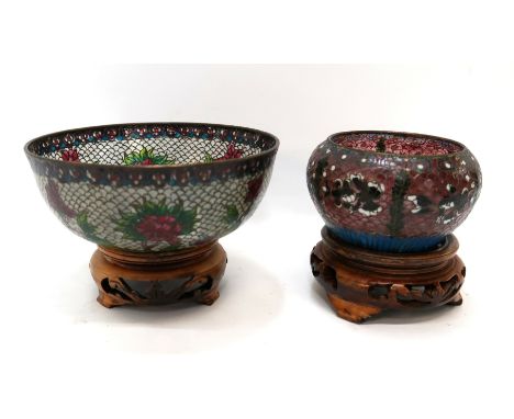 Two Chinese gilt metal plique a jour enamel bowls on stand, one decorated with fish, 8cm diameter Condition Report: Available