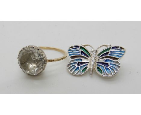 A yellow and white metal Georgian style ring set with a rock crystal, size approx L, together with a silver and enamel Norman