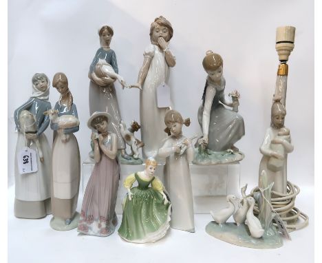A collection of Lladro and Nao figures of girls, A Royal Doulton figure Fair Maiden and another Spanish lamp base (10) Condit