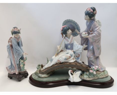 A large Lladro figure of two geishas, one sitting on a bridge, together with another Lladro Geisha figure Condition Report: L