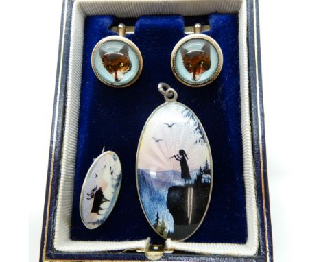 A pair of Essex crystal style silver gilt cufflinks, a silver and enamelled pendant and a moose brooch both by Aksel Holmsen 