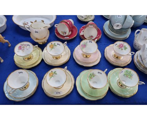 Eight Clare China trios, with milk jug and sugar bowl, together with four Cauldon cups and saucers Condition Report: Availabl