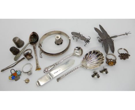 Two white metal bugs, a silver bangle, enamel flower brooch, citrine retro ring and other items Condition Report: Not availab