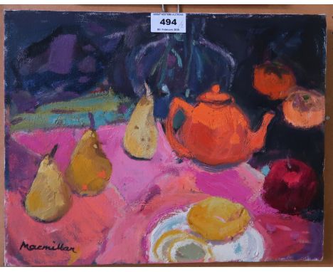 SHEILA MACNAB MACMILLAN P.A.I Teapot and fruit, signed, oil on canvas, 28 x 35cm and another, 25 x 25cm (2) Condition Report: