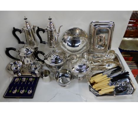 A lot comprising two tray lots of EP - cafe au lait set, entree dish, quaich, teapot, comport, loose cutlery etc Condition Re