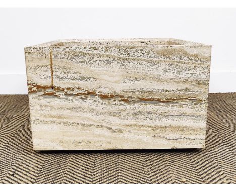 PLANTER, travertine on castors, 32cm H x 50cm W x 50cm D.