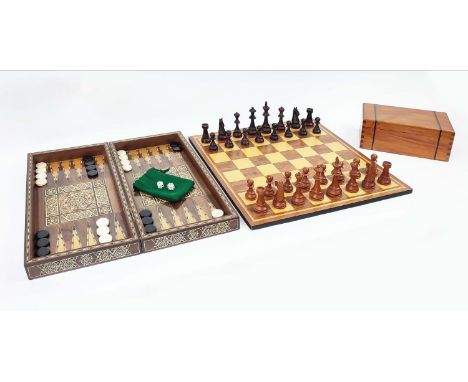 DAMASCUS FOLDING BACKGAMMON AND CHESSBOARD BOX, with micro marquetry mother of pearl and bone inlay and games pieces along wi