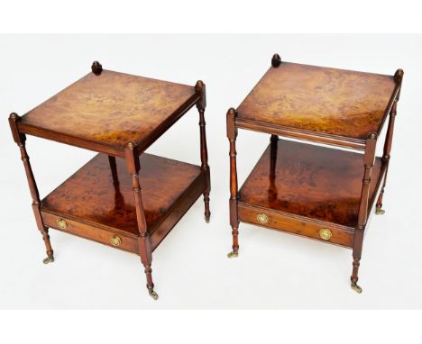 LAMP TABLES, a pair, George III design burr yew and crossbanded each with two tiers and drawer, 58cm H x 45cm x 45cm.